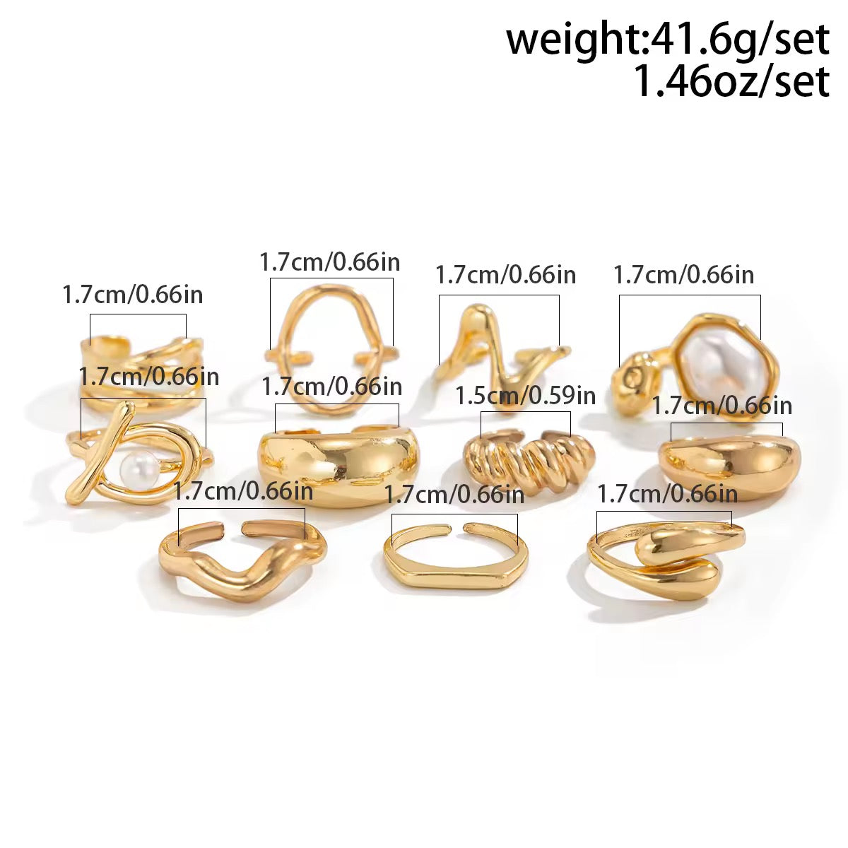 Golden Glow                                 11-teiliges Ring-Set mit Perlen & geometrischem Design